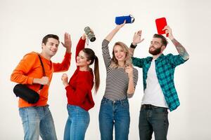 company of friends having fun together listening to music photo