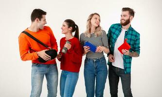 company of friends having fun together listening to music photo