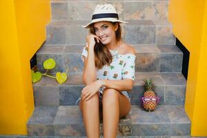 attractive woman in summer style smiling photo