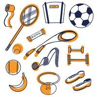 Set of vector illustrations. Tennis racket, jump rope, balls, sneakers, kettlebell, protein bar and banana drawn in dark blue and orange on a clipboard. Suitable for printing and creativity.