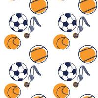 Seamless vector pattern. Sports balls soccer balls, tennis balls, sports ribbons drawn on the tablet in dark blue and orange. Suitable for printing on fabric and paper, for design.