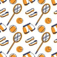Seamless vector pattern. tennis rackets, sneakers, balls, shorts drawn on the tablet in dark blue and orange. Suitable for printing on fabric and paper, for design.