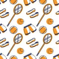 Seamless vector pattern. tennis rackets, sneakers, balls, shorts drawn on the tablet in dark blue and orange. Suitable for printing on fabric and paper, for design.