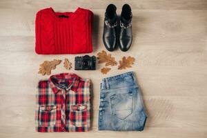 flat lay of woman style and accessories, autumn fashion trend, view from above, traveler outfit photo