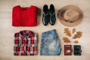 flat lay of woman style and accessories, autumn fashion trend, view from above, traveler outfit photo
