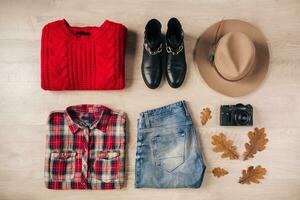 flat lay of woman style and accessories, autumn fashion trend, view from above, traveler outfit photo