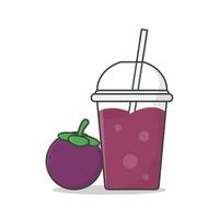 Mangosteen Juice Or Milkshake In Takeaway Plastic Cup Vector Icon Illustration. Cold Drinks In Plastic Cups With Ice Flat Icon