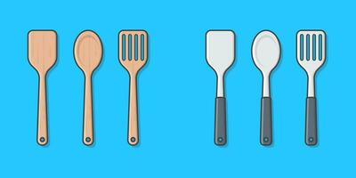 Set Of Wooden And Stainless Steel Kitchen Spatula Vector Icon Illustration