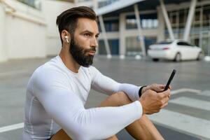 athletic strong hansome man on morning fitness workout exercise photo