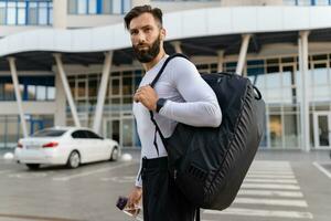 athletic strong hansome man on morning fitness workout exercise photo