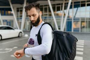 athletic strong hansome man on morning fitness workout exercise photo