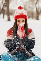 sonriente mujer teniendo divertido en invierno parque foto