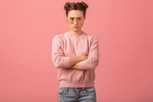 young pretty cute woman in stylish outfit in pink sweater and sunglasses photo