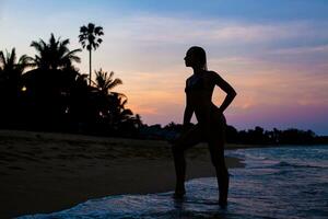 young beautiful slim woman standing on beach at dawn photo