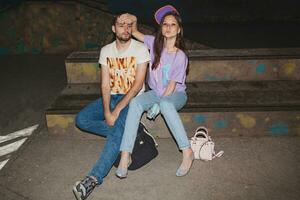 young stylish hipster couple in love, swag outfit photo