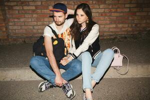 young stylish hipster couple in love, swag outfit photo