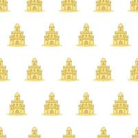 Sand Castle On The Beach Seamless Pattern On A White Background. Cute Sandcastle Theme Vector Illustration