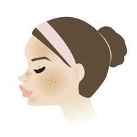 Woman face with melasma skin side view vector isolated on white background. Hyperpigmentation, patchy dark brown and spots is on cheeks, nose, chin and forehead. Skin problem concept illustration.