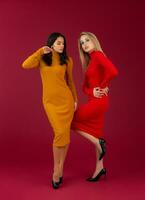 elegante mujer en amarillo y rojo otoño invierno Moda de punto vestir posando aislado lleno altura en rojo estudio antecedentes foto