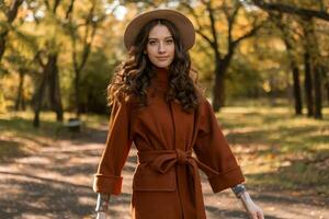 atractivo elegante mujer caminando en parque vestido en calentar marrón Saco foto