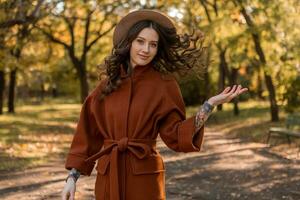 atractivo elegante mujer caminando en parque vestido en calentar marrón Saco foto