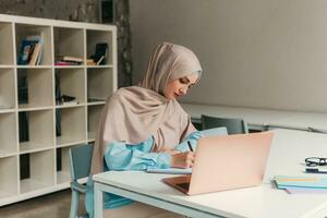 moderno musulmán mujer en hijab en oficina habitación foto