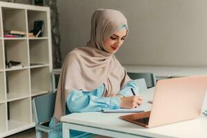 modern muslim woman in hijab in office room photo