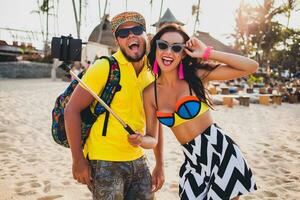 young hipster beautiful couple in love, stylish summer outfit photo