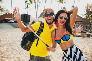 young hipster beautiful couple in love, stylish summer outfit photo