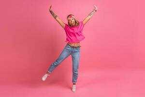 pretty cute smiling woman in pink shirt boho hippie style accessories smiling photo