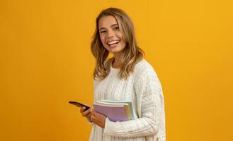 young smiling pretty blond woman with books happy education photo