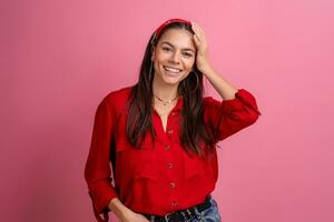 hispanic beautiful woman in red shirt photo