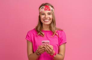 pretty cute smiling woman in pink shirt boho hippie style accessories smiling photo