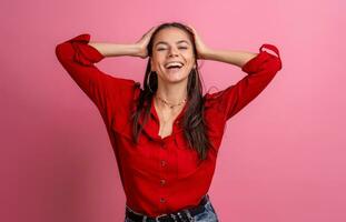 hispanic beautiful woman in red shirt photo