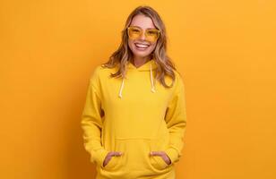 young pretty blonde woman cute face expression posing in yellow hoodie photo