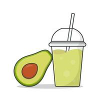 Avocado Juice Or Milkshake In Takeaway Plastic Cup Vector Icon Illustration. Cold Drinks In Plastic Cups With Ice Flat Icon