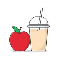 Red Apple Juice Or Milkshake In Takeaway Plastic Cup Vector Icon Illustration. Cold Drinks In Plastic Cups With Ice Flat Icon