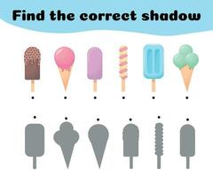 Find the correct shadows of ice cream. Children's educational game. The ice cream was given a game to find the right shade. Vector illustration