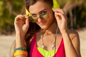 young hipster beautiful woman, tropical beach photo