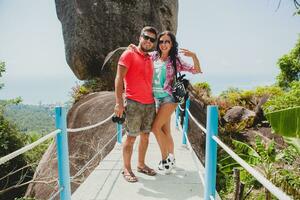 young happy hipster couple in love traveling around world photo