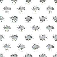 Dark Clouds With Raindrops And Thunder Strom Seamless Pattern On A White Background. Weather Phenomena Theme Vector Illustration