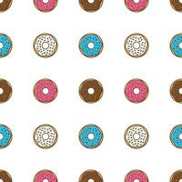 Tasty Donuts With Glaze And Powder Seamless Pattern On A White Background. Donuts Theme Vector Illustration