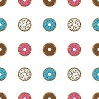 Tasty Donuts With Glaze And Powder Seamless Pattern On A White Background. Donuts Theme Vector Illustration