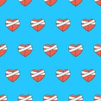 Broken Heart With Bandage Seamless Pattern On A Blue Background. Romance Theme Vector Illustration