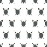 Shield And Sword Seamless Pattern On A White Background. Battle Theme Vector Illustration