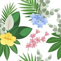 Seamless pattern of hand-drawn tropical flowers and leaves. Vector botanical illustration.