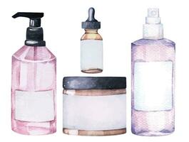 Bottle pump, Spray bottle, Serum bottle for products painted with watercolors.Package for cosmetic vector