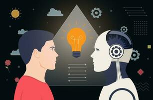 Human and artificial intelligence heads with light bulb. Teamwork concept. vector