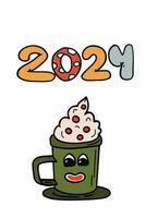 Happy New Year groovy card with cup with eyes vector