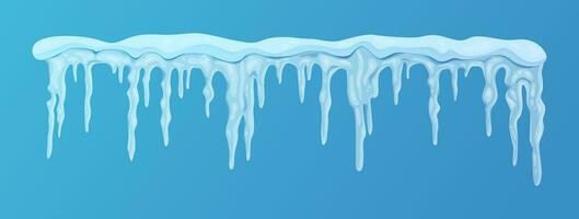 Frozen icicle cluster hanging down from snow-covered ice surface. vector